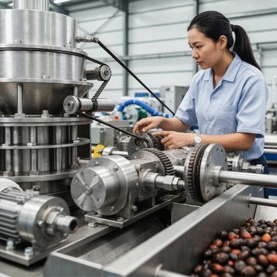 Agricultural engineer inspecting a palm kernel processing machine