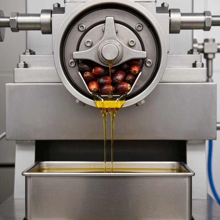 Close-up of a cold press machine extracting oil from palm kernels, showing the oil dripping into a container