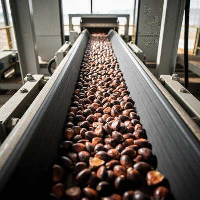 Palm kernels and shells being separated on a conveyor belt in a processing plant