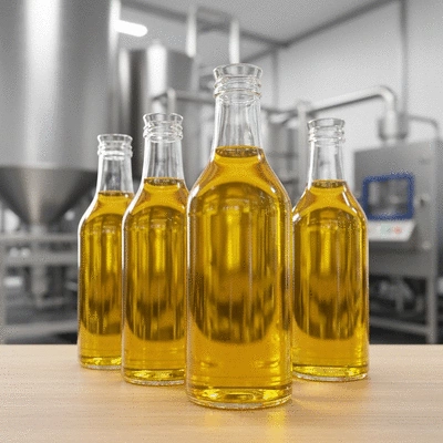 Palm kernel oil bottles on a clean wooden surface, with a blurred background of a modern processing facility