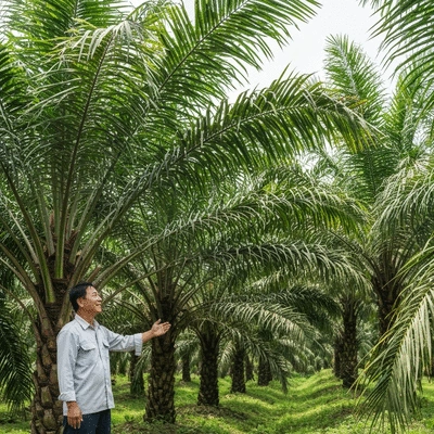 Sustainable palm kernel farming with healthy trees and a farmer in the background