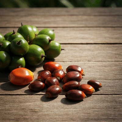 Oil palm fruits and kernels on a rustic wooden table, representing the raw materials for palm kernel oil production, no text, no words, no typography, clean image