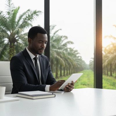 Modern African entrepreneur reviewing palm oil market data on a tablet, with a backdrop of a sustainable palm plantation