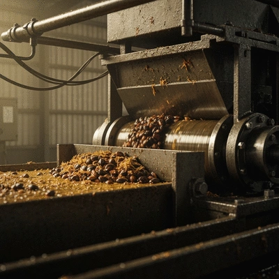 Close-up of a palm kernel oil processing machine in action, showing kernels being crushed