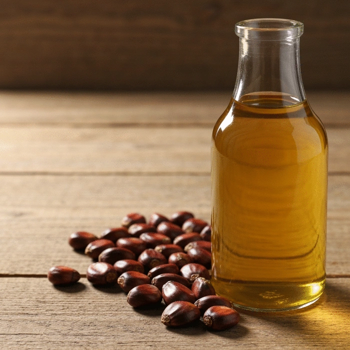 Palm kernel oil in a clear glass bottle next to palm kernels on a wooden surface, with a focus on purity and quality