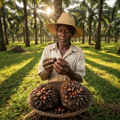 Nigerian farmer inspecting palm kernels, representing local production and demand