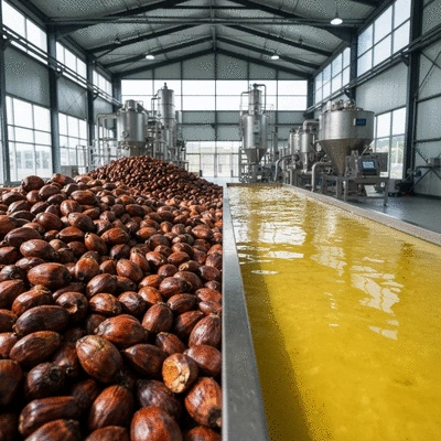 Palm kernel nuts and oil in a modern processing facility