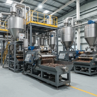 Modern processing facility with palm kernel oil being produced, showing machinery and a clean industrial environment, no text, no words, no typography, clean image