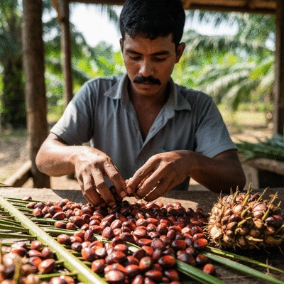Small-scale farmer sorting palm kernels for oil extraction
