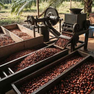 Palm kernels being processed in a small-scale facility