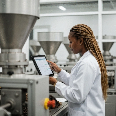 Technician monitoring palm kernel processing equipment using a tablet with data overlays