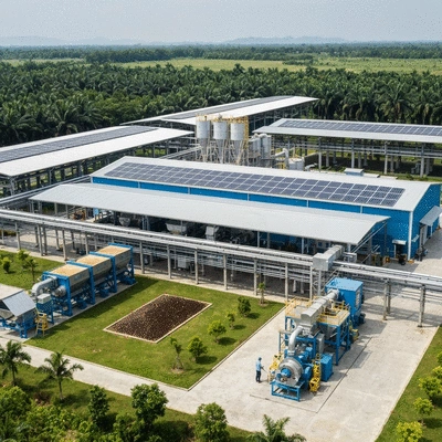 Sustainable palm kernel processing facility, emphasizing eco-friendly practices
