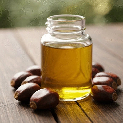 Palm kernel oil in a clear bottle with palm kernels on a wooden table