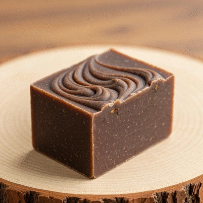 Palm kernel oil in a clear bottle next to soap bars on a natural wooden surface