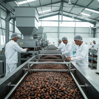 Modern palm kernel processing machinery in action, with workers overseeing operations